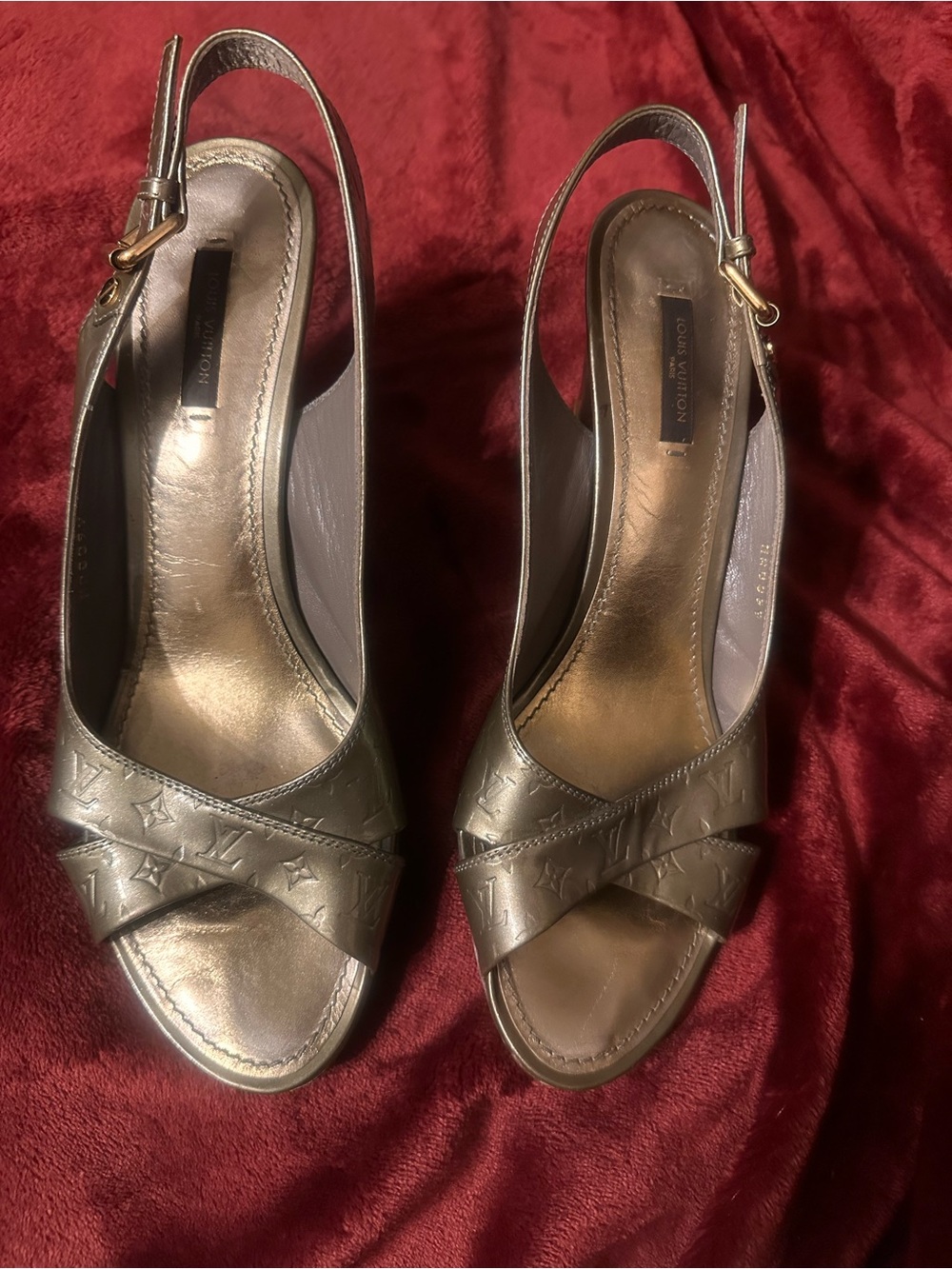 Authentic Louis Vuitton Metallic Monogram Leather Slingback Sandals